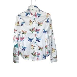 Butterfly Print Button Down Shirt | White Long Sleeve Blouse